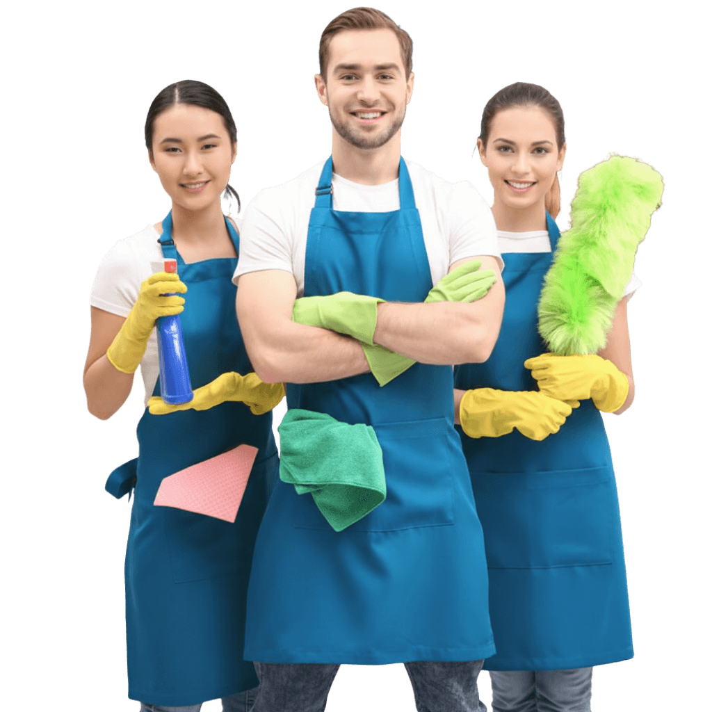 Professional cleaner with cleaning supplies