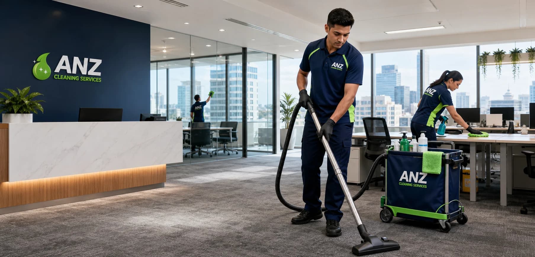 Professional office cleaning services Sydney — ANZ Cleaning Services team at work in a Sydney CBD office