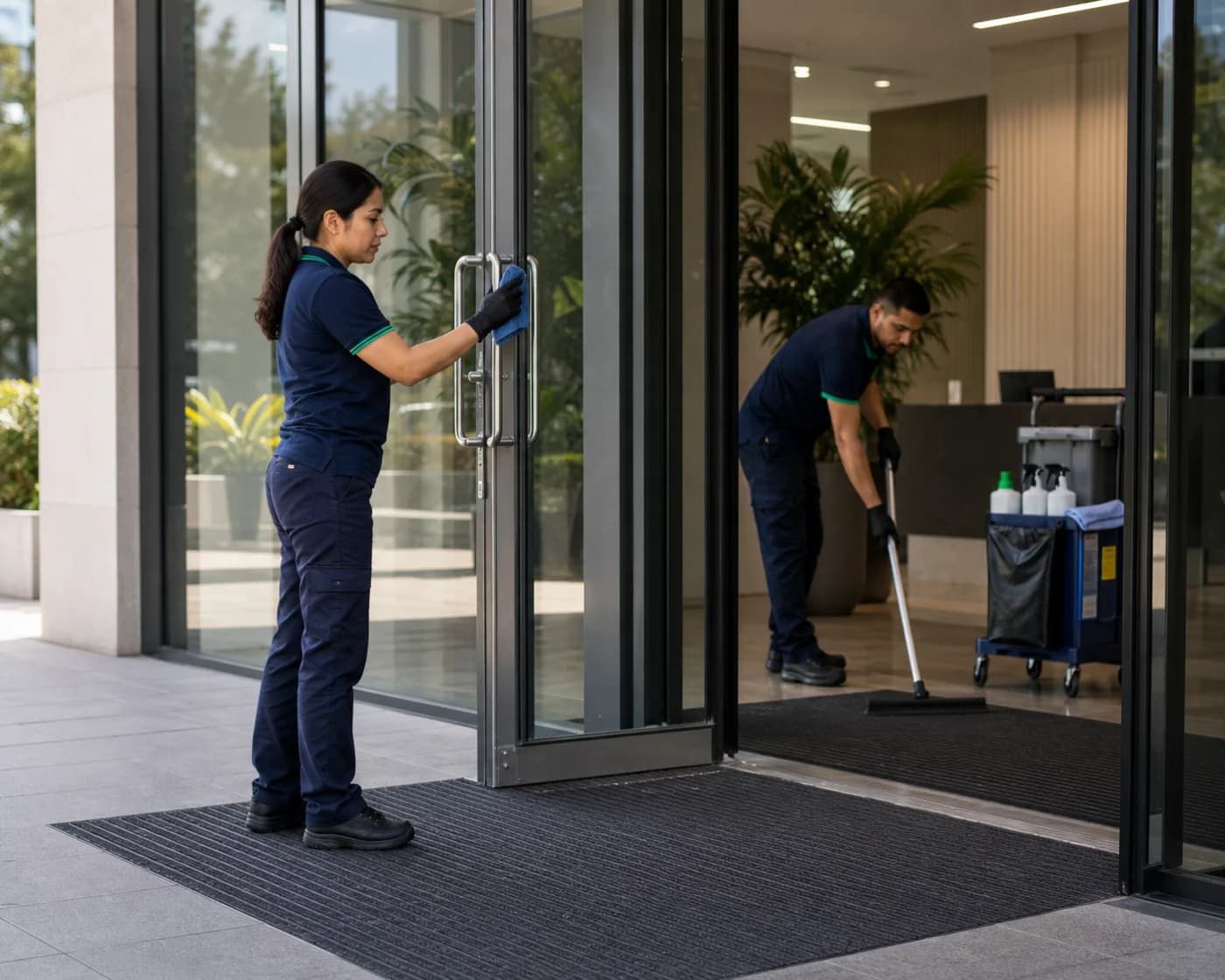 Commercial Window Cleaning Professional with Cleaning Supplies